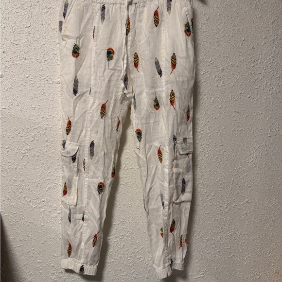 Biya Pants - Johnny Was Multicolor Feather Print Cargo Pants 100% linen